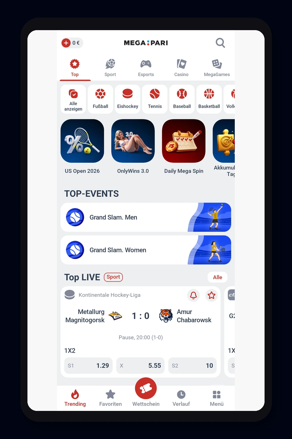 L'interfaccia del bookmaker Megapari su mobile