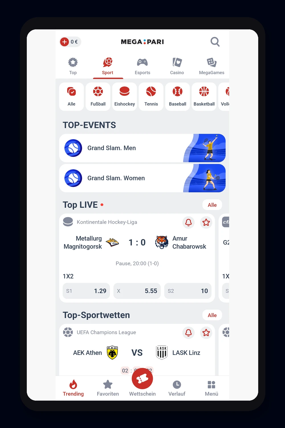L'interfaccia del bookmaker Megapari su mobile