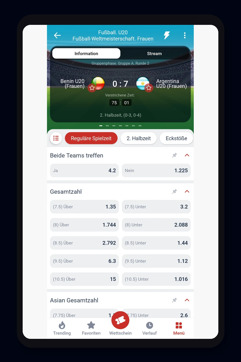 L'interfaccia del bookmaker Megapari su mobile